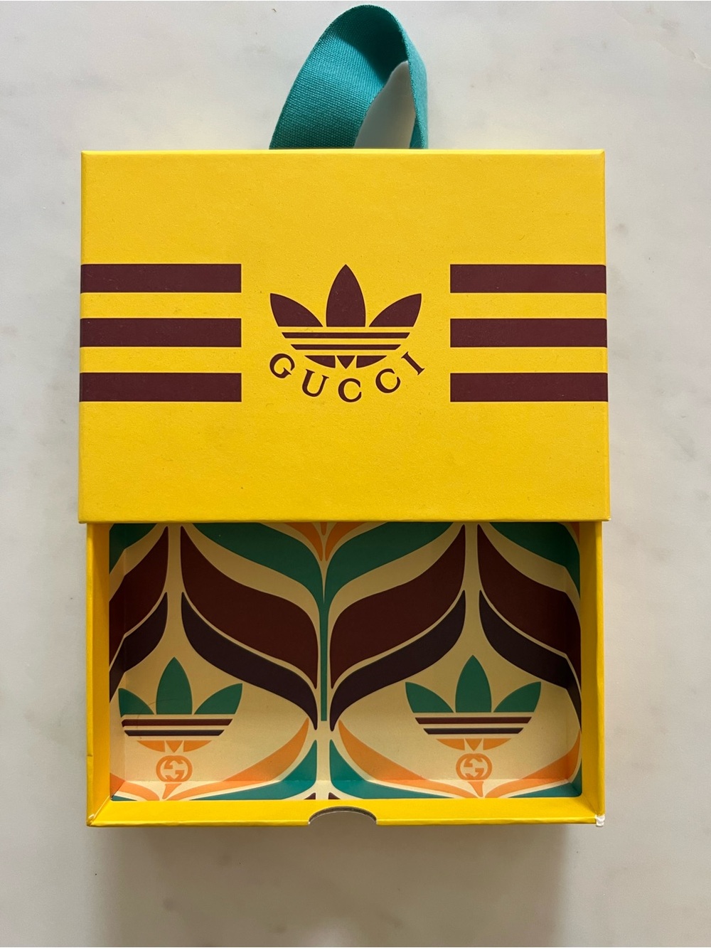 Gucci x Adidas Original Designer Sock Box Yellow Green Patterned Empty